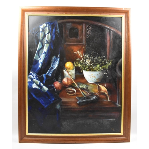 80 - Chinese school - A large 20th century oil on canvas still life scene depicting a horseshoe armchair ... 