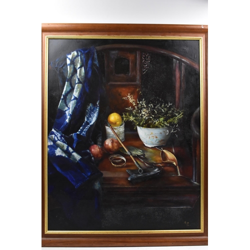 80 - Chinese school - A large 20th century oil on canvas still life scene depicting a horseshoe armchair ... 