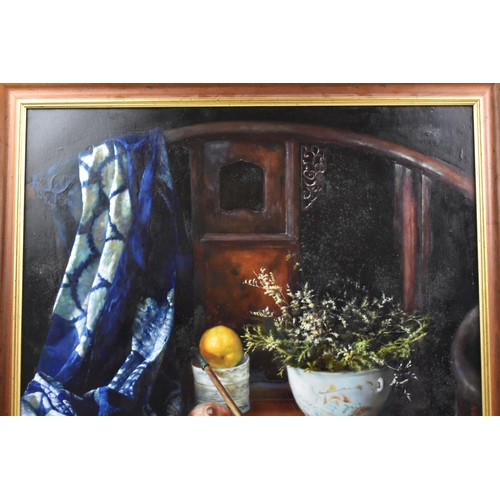 80 - Chinese school - A large 20th century oil on canvas still life scene depicting a horseshoe armchair ... 