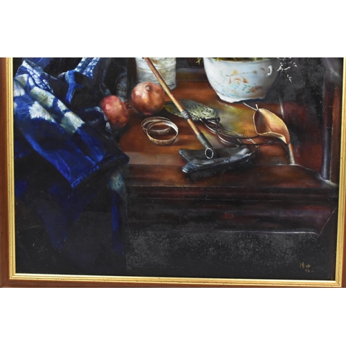 80 - Chinese school - A large 20th century oil on canvas still life scene depicting a horseshoe armchair ... 