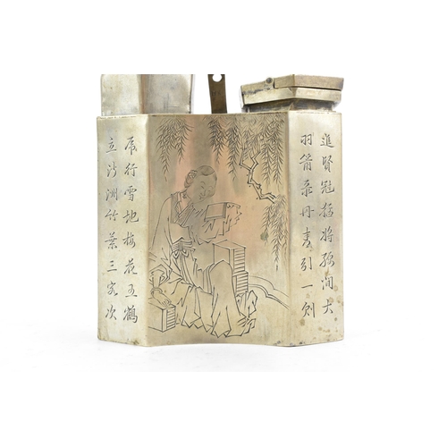 81 - An early/mid 20th century Chinese Paktong opium pipe, engraved decoration with a lady in a garden to... 