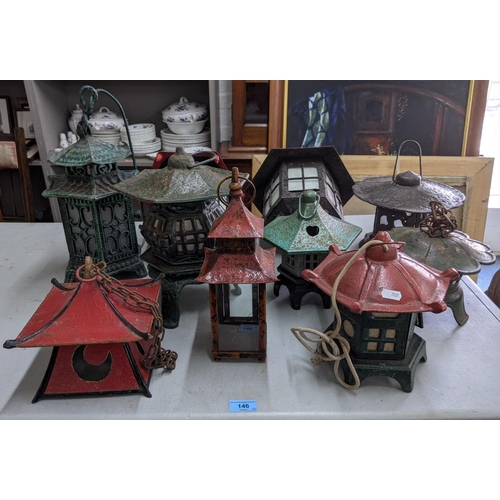 146 - Ten Oriental style lanterns to include a pair with red tops and glass bottoms, another smaller one w... 