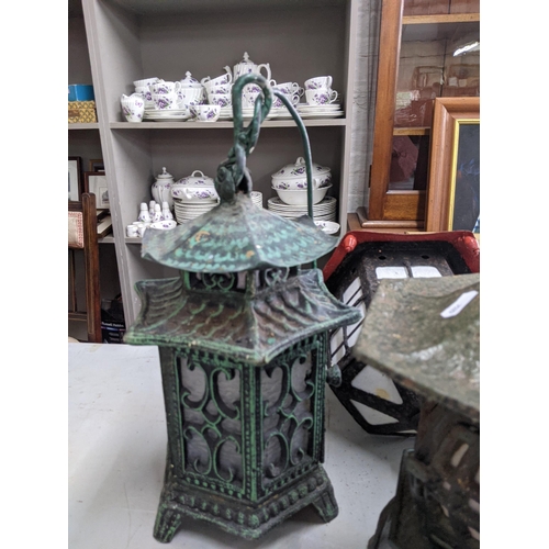 146 - Ten Oriental style lanterns to include a pair with red tops and glass bottoms, another smaller one w... 