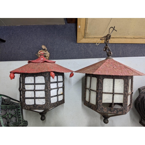 146 - Ten Oriental style lanterns to include a pair with red tops and glass bottoms, another smaller one w... 