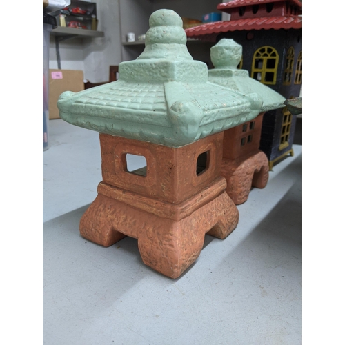 147 - Ten Oriental style lanterns to include a terracotta coloured pair with light green tops, one fashion... 