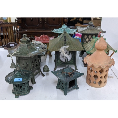 152 - Ten Oriental style lanterns to include one of pierced cylindrical form in a terracotta colour and a ... 