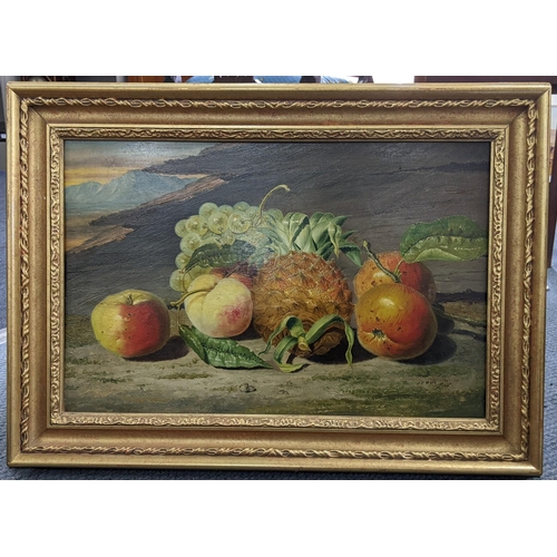 208 - J C Ward - an oil on bard still life depicting fruit with mountains to the background, 44cm x 29cm, ... 