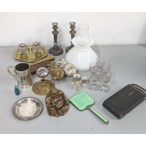 276 - A mixed lot to include 19th century wine glasses, brass and crystal cut glass ink well pots, a silve... 