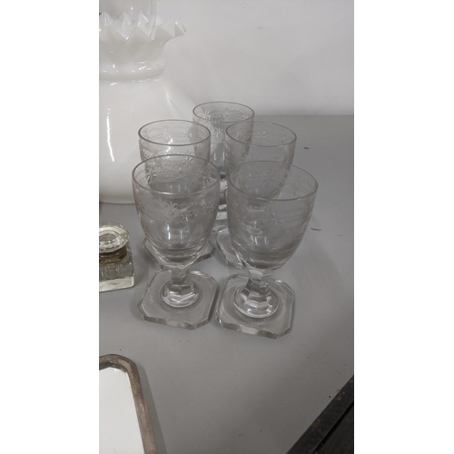 276 - A mixed lot to include 19th century wine glasses, brass and crystal cut glass ink well pots, a silve... 