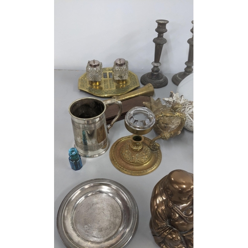 276 - A mixed lot to include 19th century wine glasses, brass and crystal cut glass ink well pots, a silve... 