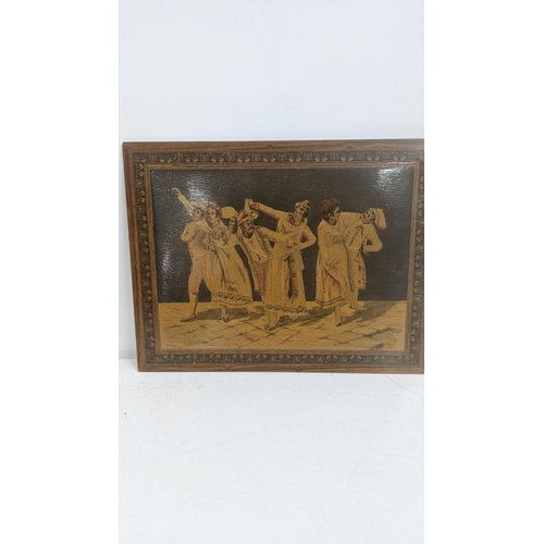 306 - A Sorrento ware wall hanging panel depicting figures dancing, signed to the lower left Y Rinaldi tog... 