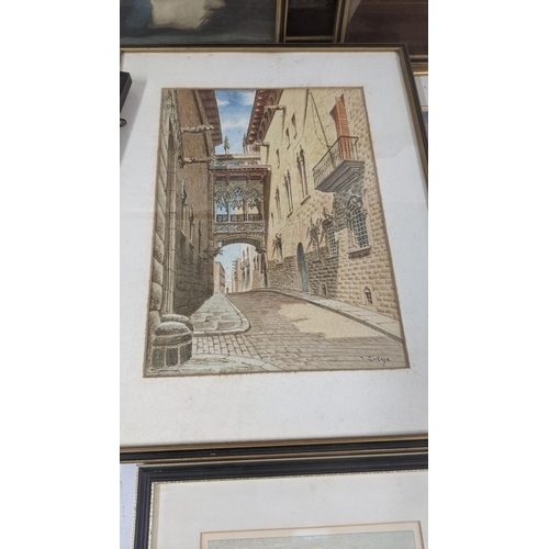 308 - Mixed pictures to include a watercolour depicting a Continental street scene, signed J Zuzaya and ot... 