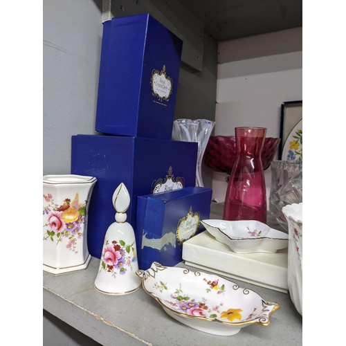 36 - A selection of ceramics and glassware to include a boxed Royal Crown Derby dishes, vase and bell Rye... 