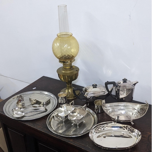 4 - A mixed lot of metalware to include mostly silver plate trays, a sugar pot, milk jug, a hallmarked s... 