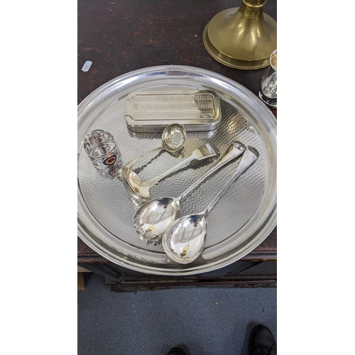 4 - A mixed lot of metalware to include mostly silver plate trays, a sugar pot, milk jug, a hallmarked s... 