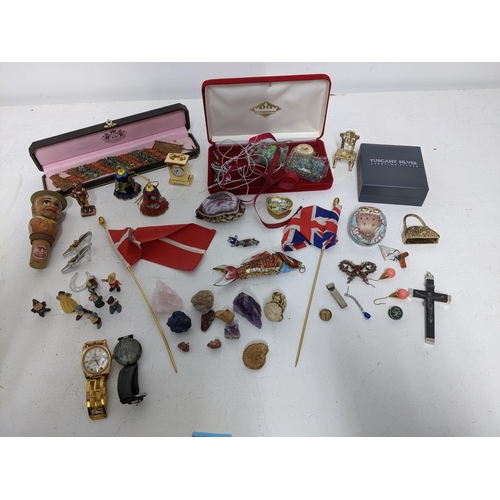 43 - A selection of costume jewellery, wristwatches and other items to include two enamelled articulated ... 