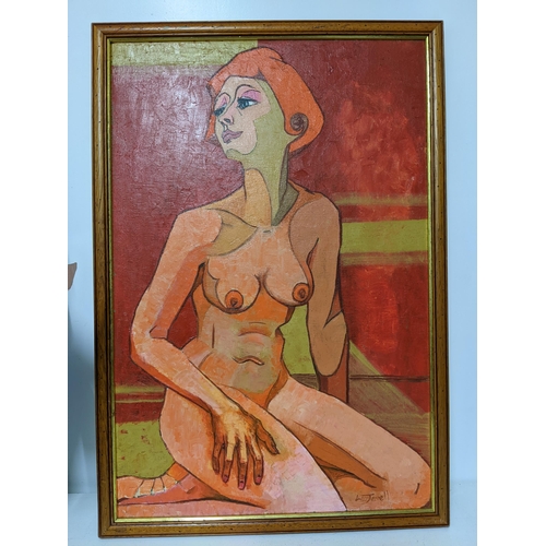 50 - Leo Jewell - Retention/Orange Nude - two oils on canvas paintings, signed, artist's labels verso, la... 