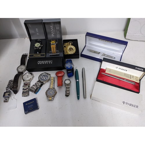 51 - A selection of wristwatches and fountain pens to include two boxed Pulsar watches, Atlas for Men wat... 