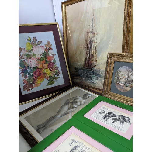 66 - A quantity of framed and glazed pictures and prints to include an oval Victorian watercolour of chil... 