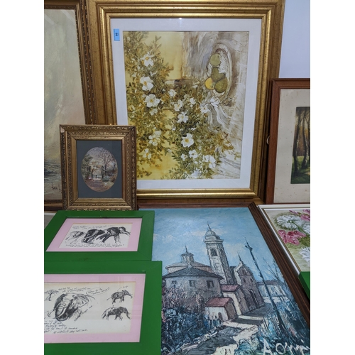 66 - A quantity of framed and glazed pictures and prints to include an oval Victorian watercolour of chil... 