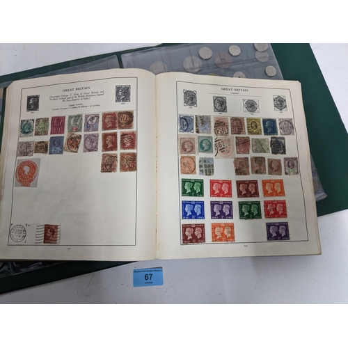 67 - A collection of world stamps and coins, held mainly in three albums, to include GB and Italy stamps ... 