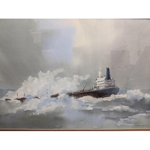 89 - Sydney Vale - container ship in rough seas, watercolour, signed, 35cm x 51cm mounted in glazed frame... 