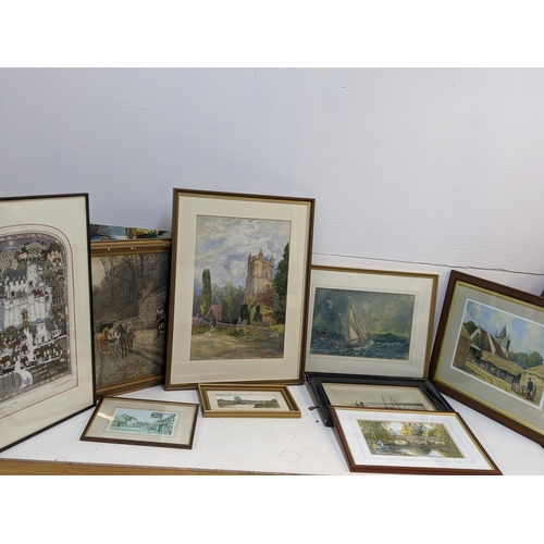 174 - Pictures to include Philip Bear - a farm scene watercolour, a 19th century watercolour, view of a ch... 