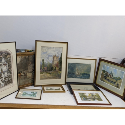 174 - Pictures to include Philip Bear - a farm scene watercolour, a 19th century watercolour, view of a ch... 