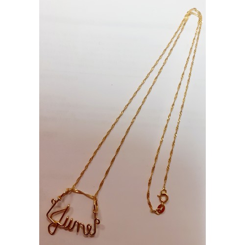 117 - A yellow metal wire effect 'June' pendant on an Italian 9ct gold chain, 1.4g together with a 9ct fin... 