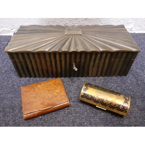 112 - An Art Deco green reeded horn box with key and sandalwood lining together with  a 1920's burr elm ci... 