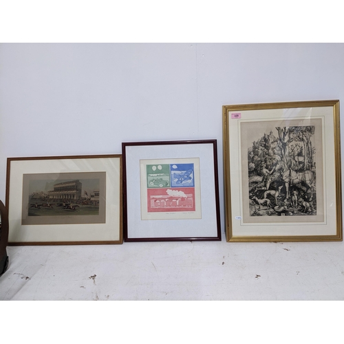 502 - Three framed and glazed prints to include Harriet Brigman - sheep Transport, a limited edition  prin... 