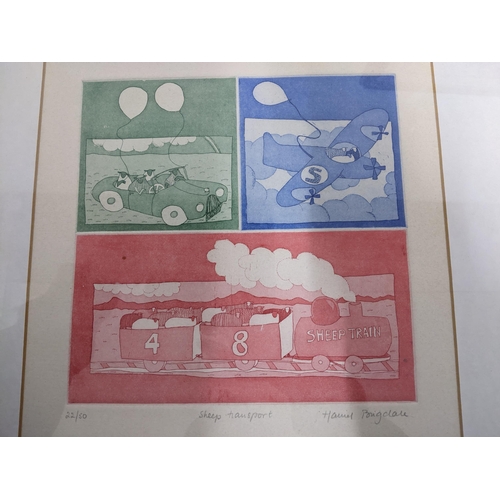 502 - Three framed and glazed prints to include Harriet Brigman - sheep Transport, a limited edition  prin... 