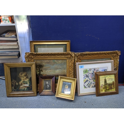 300 - A mixed lot of pictures to include a pair of decorated frame ceramic title depicting a church, a pai... 