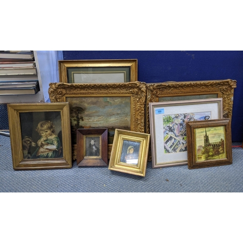 300 - A mixed lot of pictures to include a pair of decorated frame ceramic title depicting a church, a pai... 