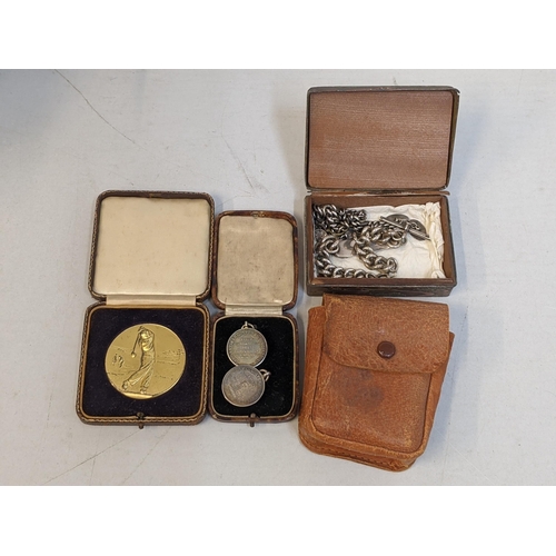 470 - Collectables to include silver identity bracelet, two pair of cufflinks, a silver golf medal from th... 