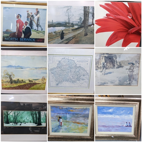 508 - Mixed pictures to include a Russell Flint print, a Guillaume Plisson oil on board, and a North Berwi... 