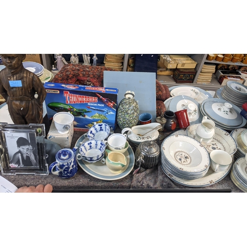 521 - A large mixed lot to include teasets, 19th century writing slope, fire companion set and other items... 