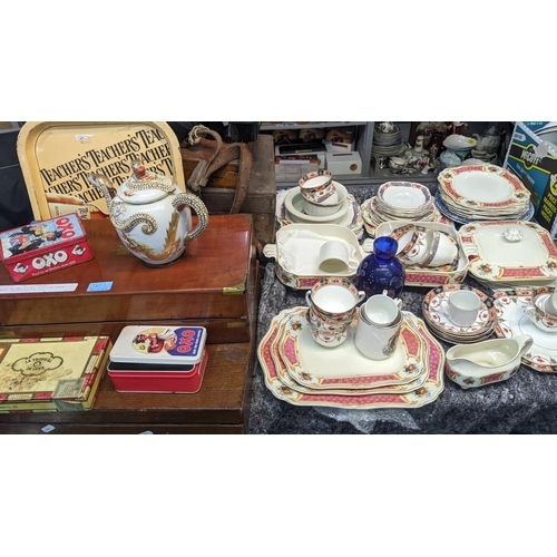 521 - A large mixed lot to include teasets, 19th century writing slope, fire companion set and other items... 