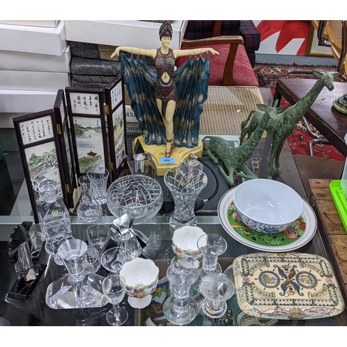 449 - A mixed lot to include an Austrian majolica plate, scent bottles, Chinese table top screen, an Art D... 