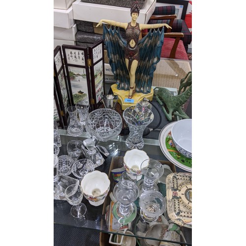 449 - A mixed lot to include an Austrian majolica plate, scent bottles, Chinese table top screen, an Art D... 