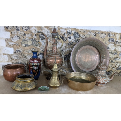 482 - Mixed metalware to include a Cairo ware bowl, a Japanese cloisonne vase, an Islamic copper ewer and ... 