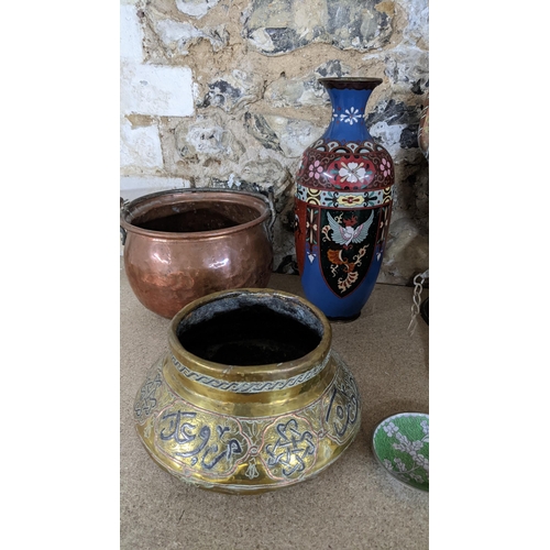 482 - Mixed metalware to include a Cairo ware bowl, a Japanese cloisonne vase, an Islamic copper ewer and ... 