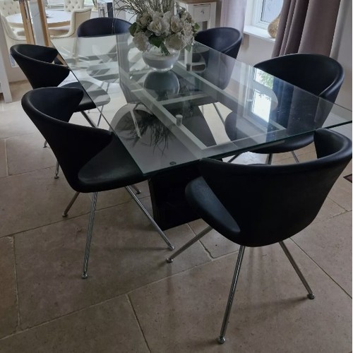 450 - A Tonon Casa Tokyo marble and glass topped dining table, 75cm h 100w 200cmL, together with a set of ... 