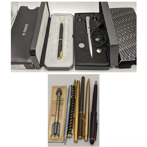 464 - A black and gold boxed Parker ball point pen and a boxed FM radio pen with batteries and headphones,... 