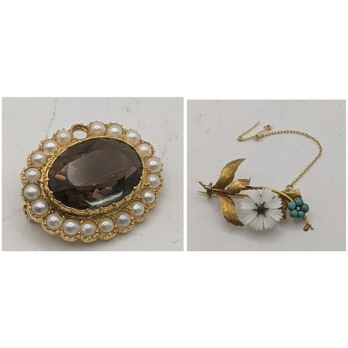 101 - Two gold brooches to include a 9ct gold smokey quartz example along with a yellow metal and turquois... 