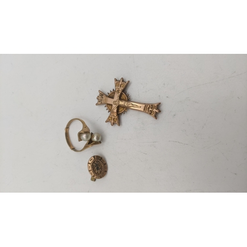 105 - A gold and pear ring stamped 10K 3.6g, together with a cross pendant and a gold plated stud total we... 