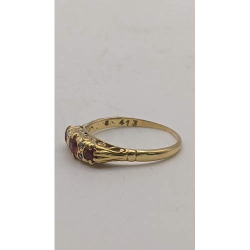 106 - A yellow gold ring set with ruby and diamonds tested as 18ct gold purchased in Singapore 2.7g
Locati... 