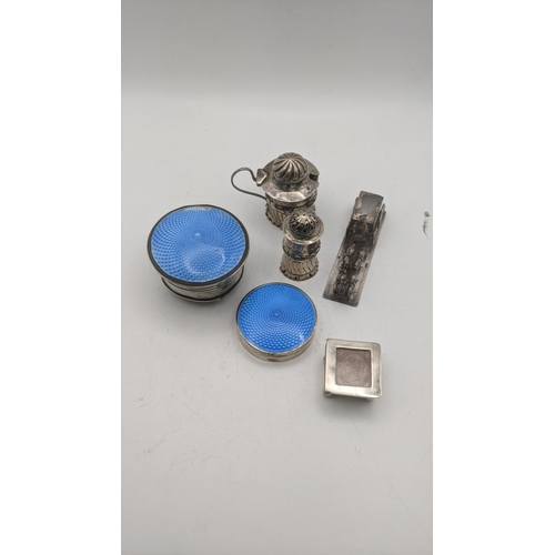 112 - Silver to include two dressing table pots having enamel lids, a stamp box, white metal horse and car... 