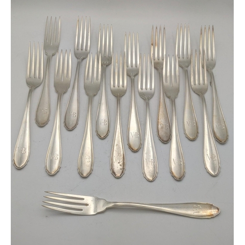 115 - A set of 15 silver forks stamped 800 with engraved initials 'V-B' to the terminals' total weight 597... 