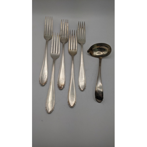 116 - Silver stamped 800 to include a sauce ladle and five forks all having engraved initials to the termi... 